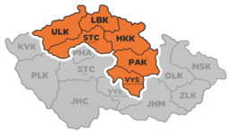 Ústecký kraj, Pardubický kraj, Královehradecký kraj, Liberecký kraj, Vysočina, Středočeský kraj (sever)